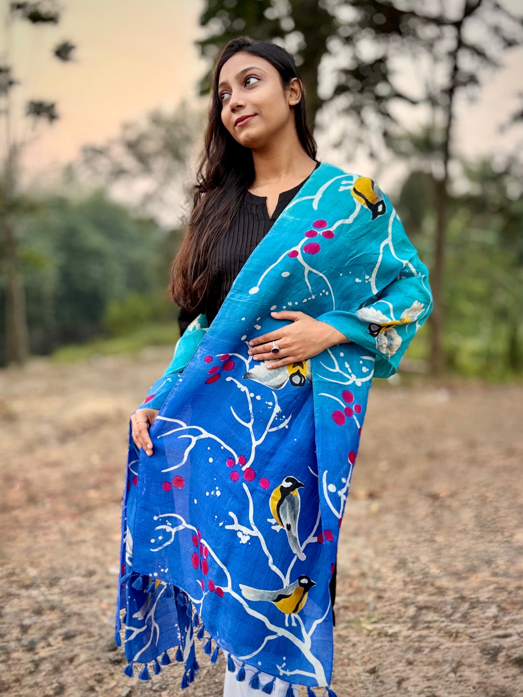 Blue Orchard: Hand Painted Pure Silk Stole