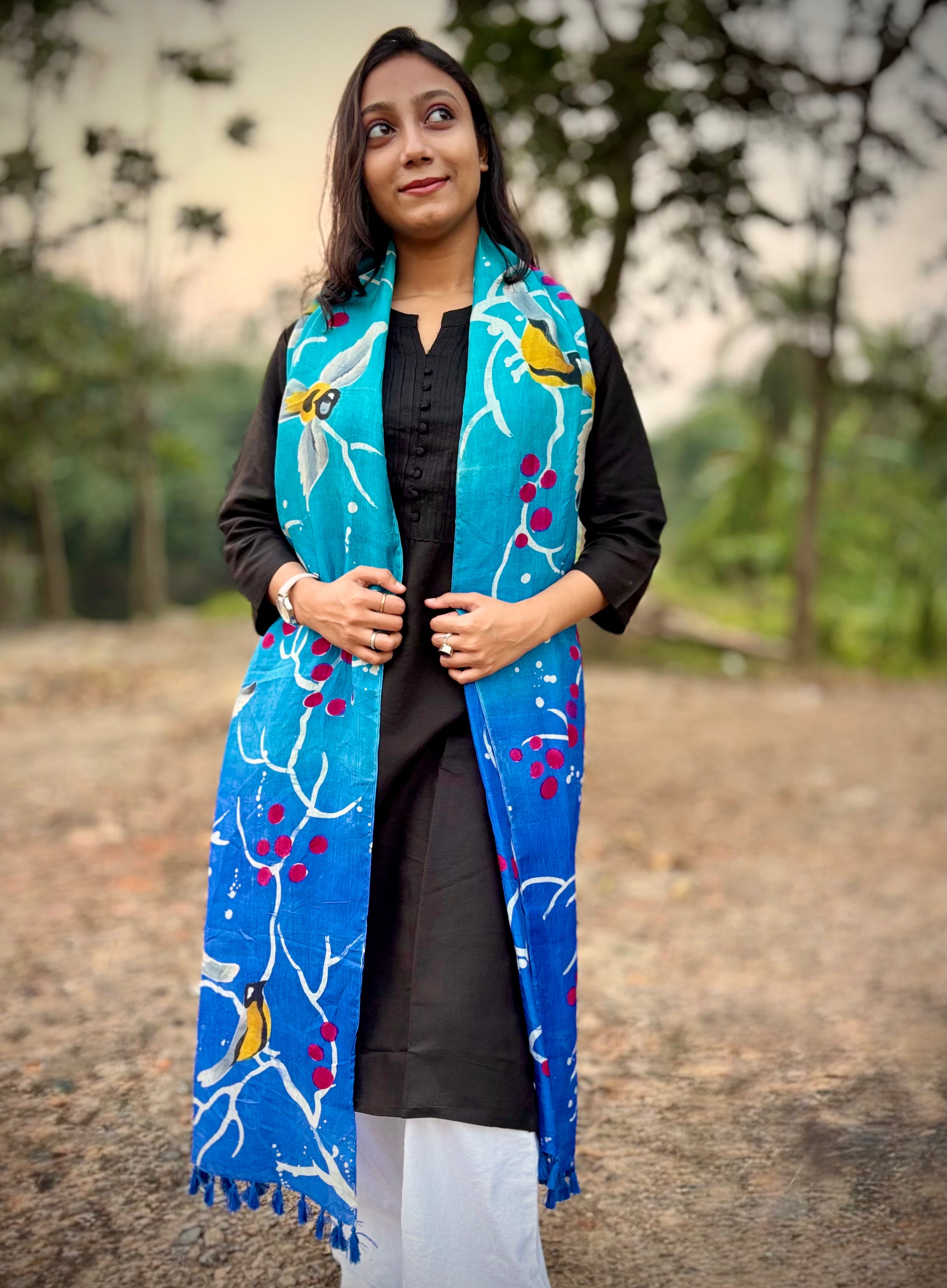 Blue Orchard: Hand Painted Pure Silk Stole