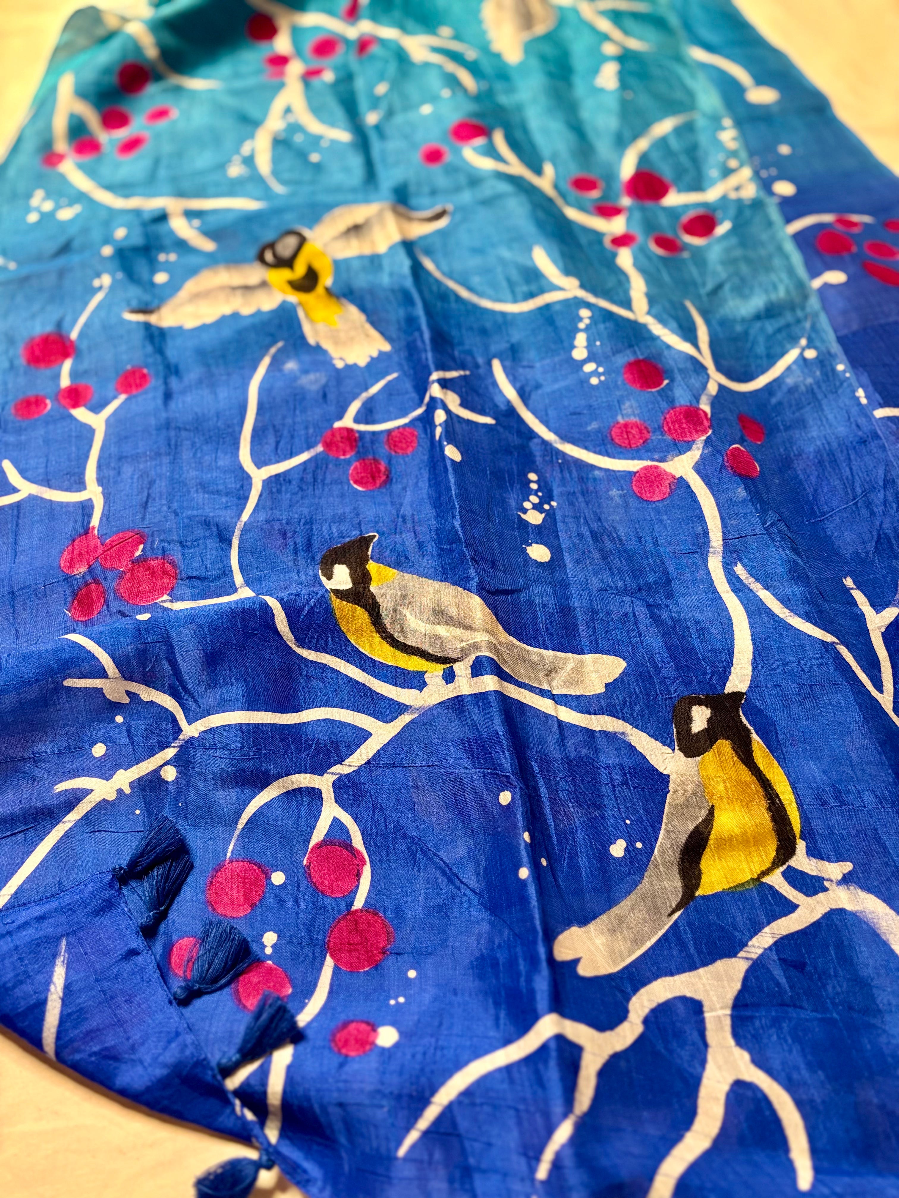 Blue Orchard: Hand Painted Pure Silk Stole